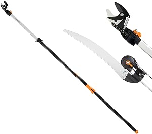 Fiskars 2-in-1 Extendable Tree Pruner and Pole Saw (Extends 7.9-12 feet) with Rotating Head, Pruning Stik Model with15-Inch Double-Grind Saw Blade, and Double Locking System