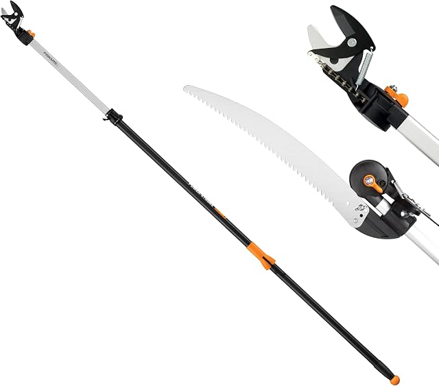 Fiskars 2-in-1 Extendable Tree Pruner and Pole Saw (Extends 7.9-12 feet) with Rotating Head, Pruning Stik Model with15-Inch Double-Grind Saw Blade, and Double Locking System