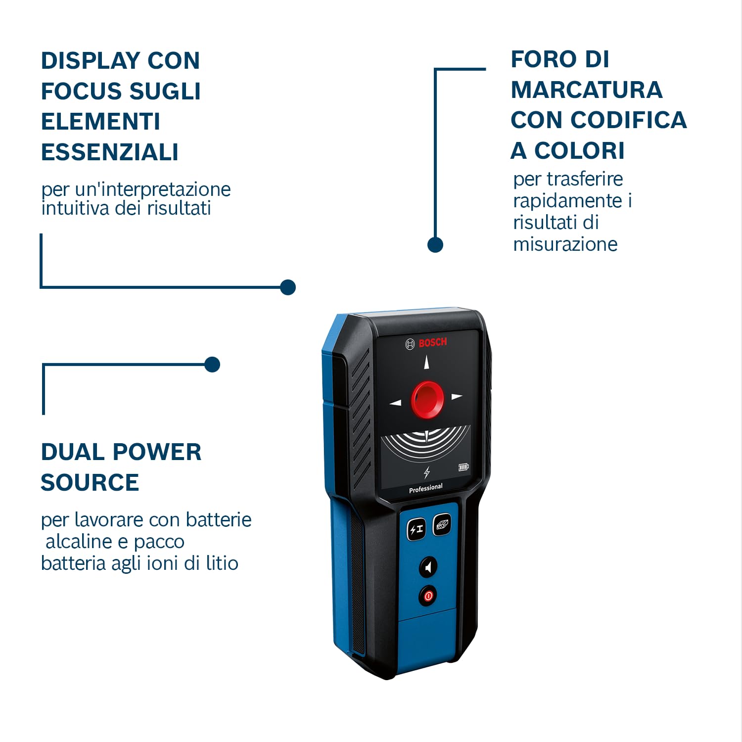Bosch Professional Wallscanner GMS 100-23 (profondità di rilevazione max. metalli non magnetici/metallo magnetico/cavi sotto tensione: 100/80/ 50 mm, 2 batterie AA, custodia)