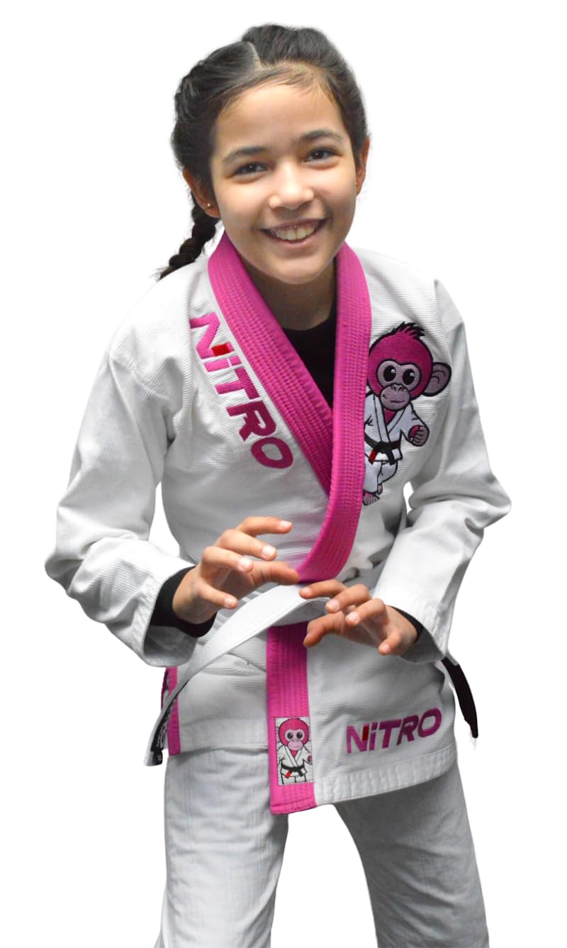 Premium BJJ Gi Mädchen – kostenloser weißer Gürtel – rosa Revers – leicht – Affe – brasilianische Jiu Jitsu-Mädchen-Uniform