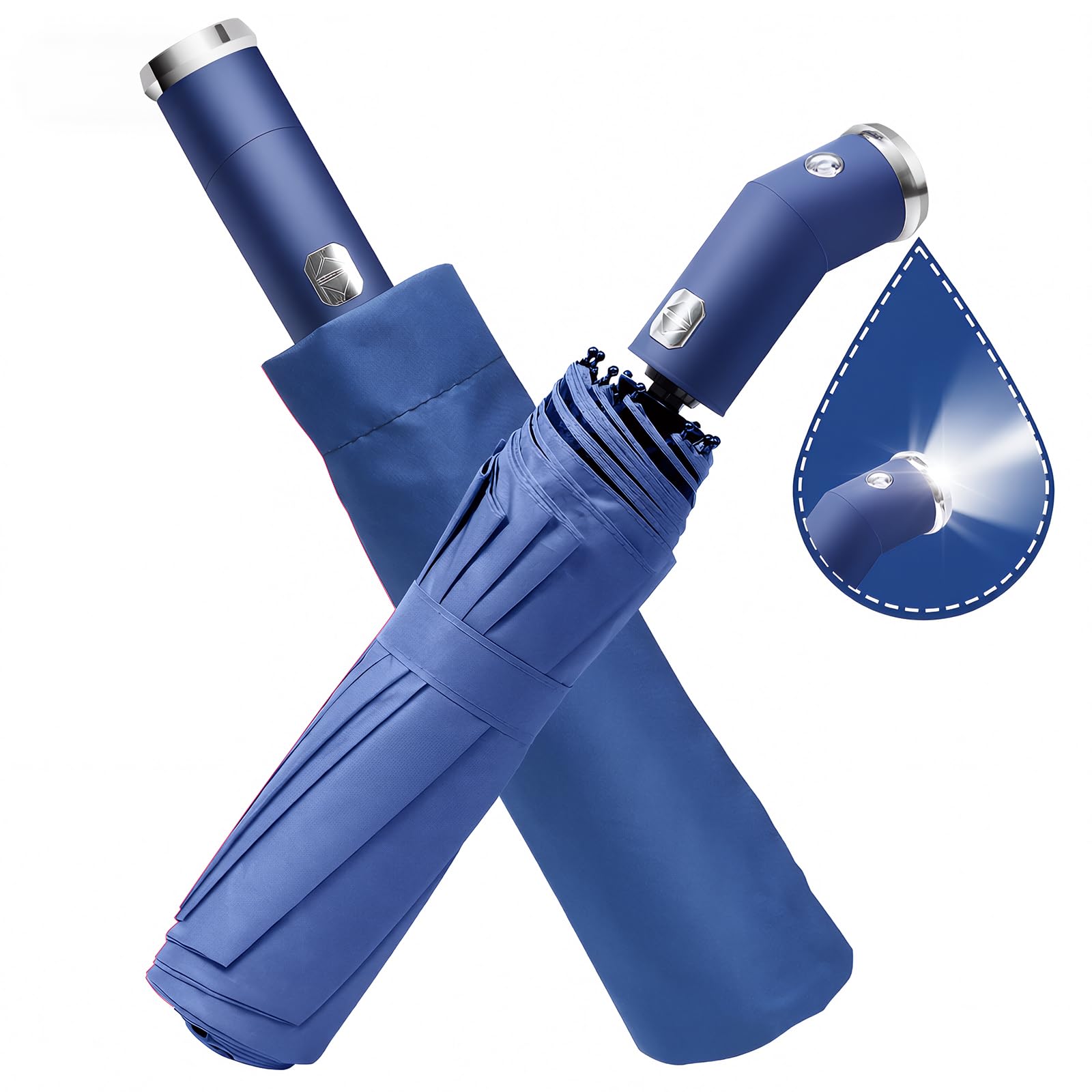 Automatic Umbrella with Light Design Foldable - 3 Fold UV Protection UPF50 Umbrella with Travel Cover for Women Men (Blue/One Single Set)-image-27