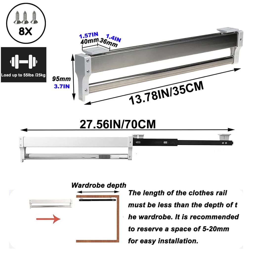Asta Appendiabiti Estensibile con 2 binari di Scorrimento, Asta Estraibile per Armadio Regolabile da 30 a 80 cm, Asta Appendiabiti, portante 25kg (Size : 350mm)