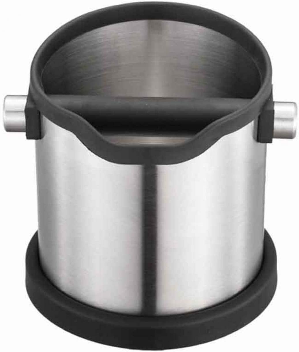 Knock Box - Caja para fondos de café, de acero inoxidable, accesorios de color negro y plateado, para cocina y cafetería Barista(tamaño: 17 x 17,5 cm)
