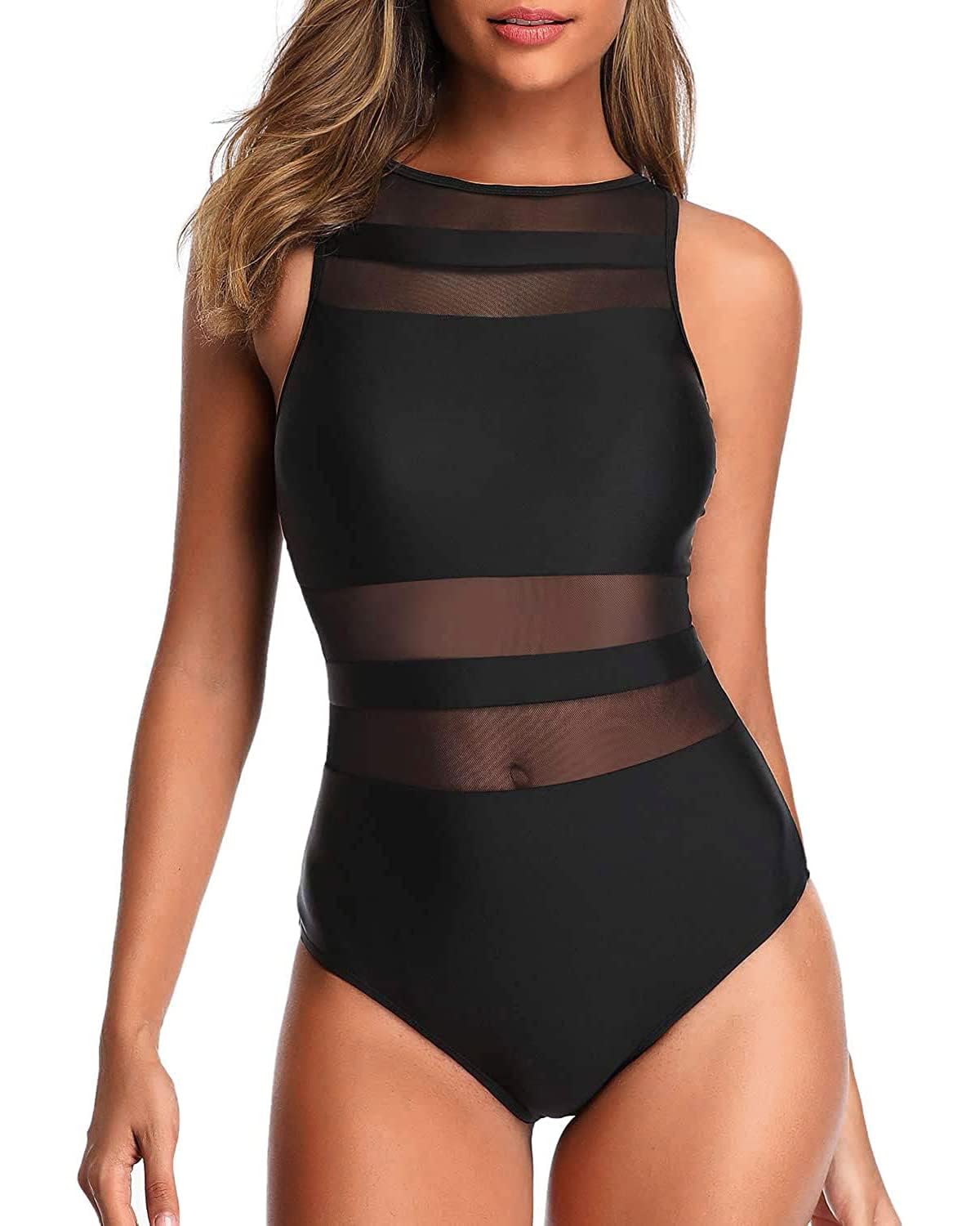 Holipick Women High Neck One Piece Swimsuits for Women Mesh Bathing Suits Open Back Swimwear