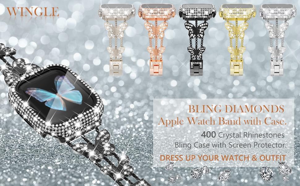 WINGLE Bling Band and Case for Apple Watch Band 41mm Women Series 9 8 7, Butterfly Diamond Metal Band Rhinestone Crystal Bracelet Jewelry Link Chain with Sparkle Screen Protector Case, 41 mm Silver - Image 9