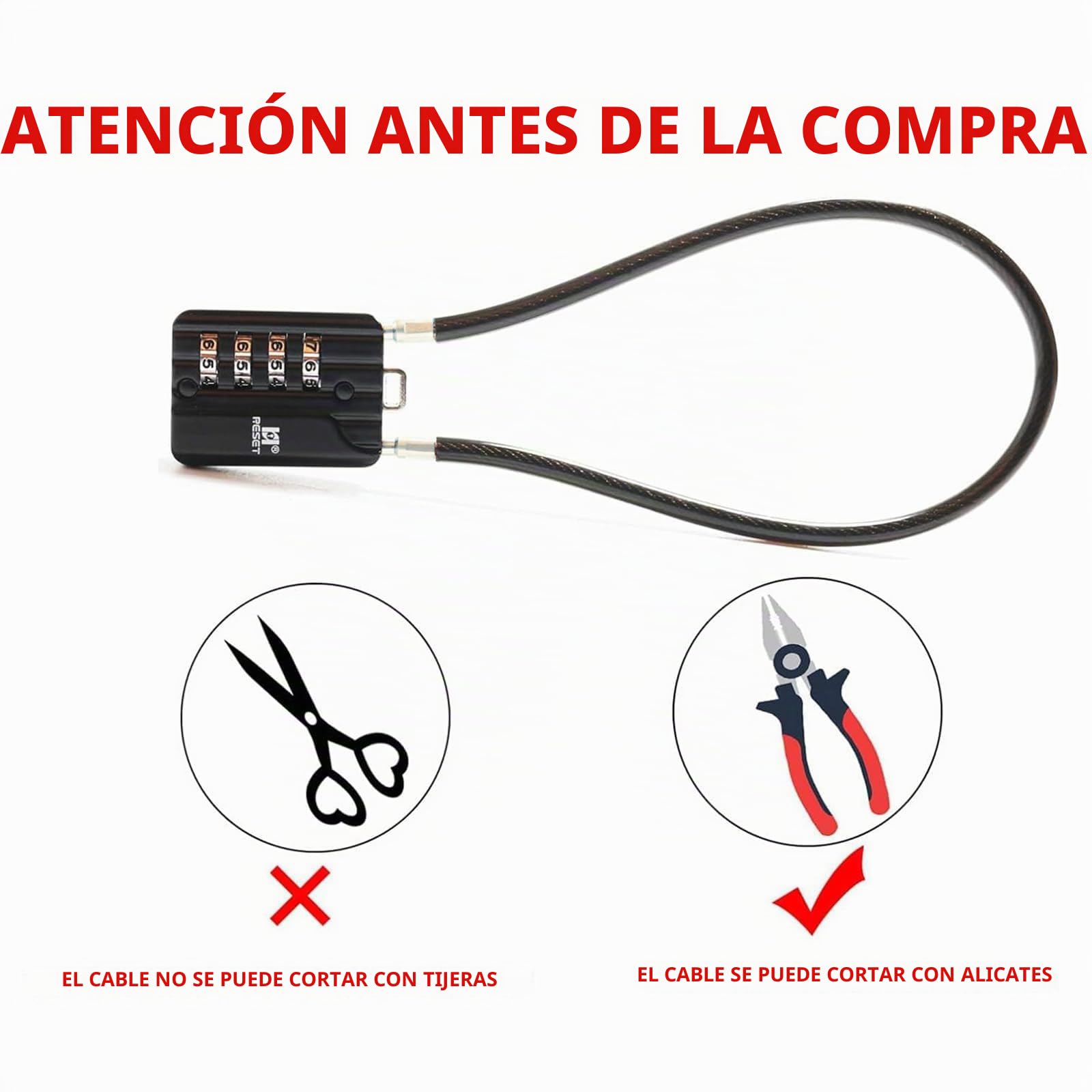 RESET-204 candado de cable flexible de 30 cm con combinación de 4 dígitos, candado largo para cubo de basura, taquilla, equipaje, maleta, casco y armero, diámetro 5 mm, negro, 2 unidad