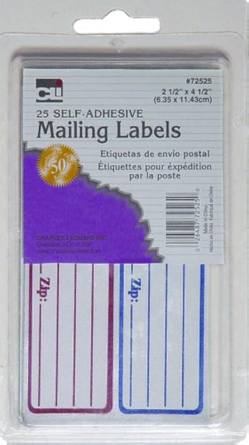 Charles Leonard Mailing Labels, Self-Adhesive, 2.5 x 4.5 Inches, Red and Blue, 25/Box (72525)