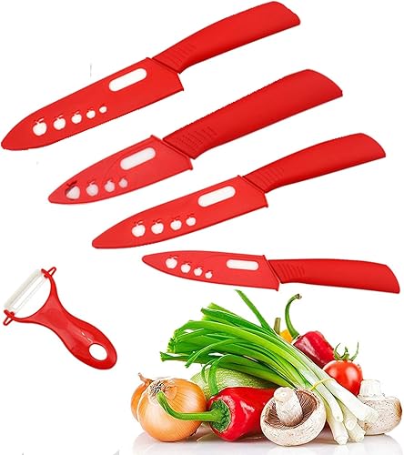 Vista 19 de Juego de 5 cuchillos de cerámica, cuchillo de cerámica afilado con funda, cuchillo para carne, cuchillos de cocina negros con mango antideslizante