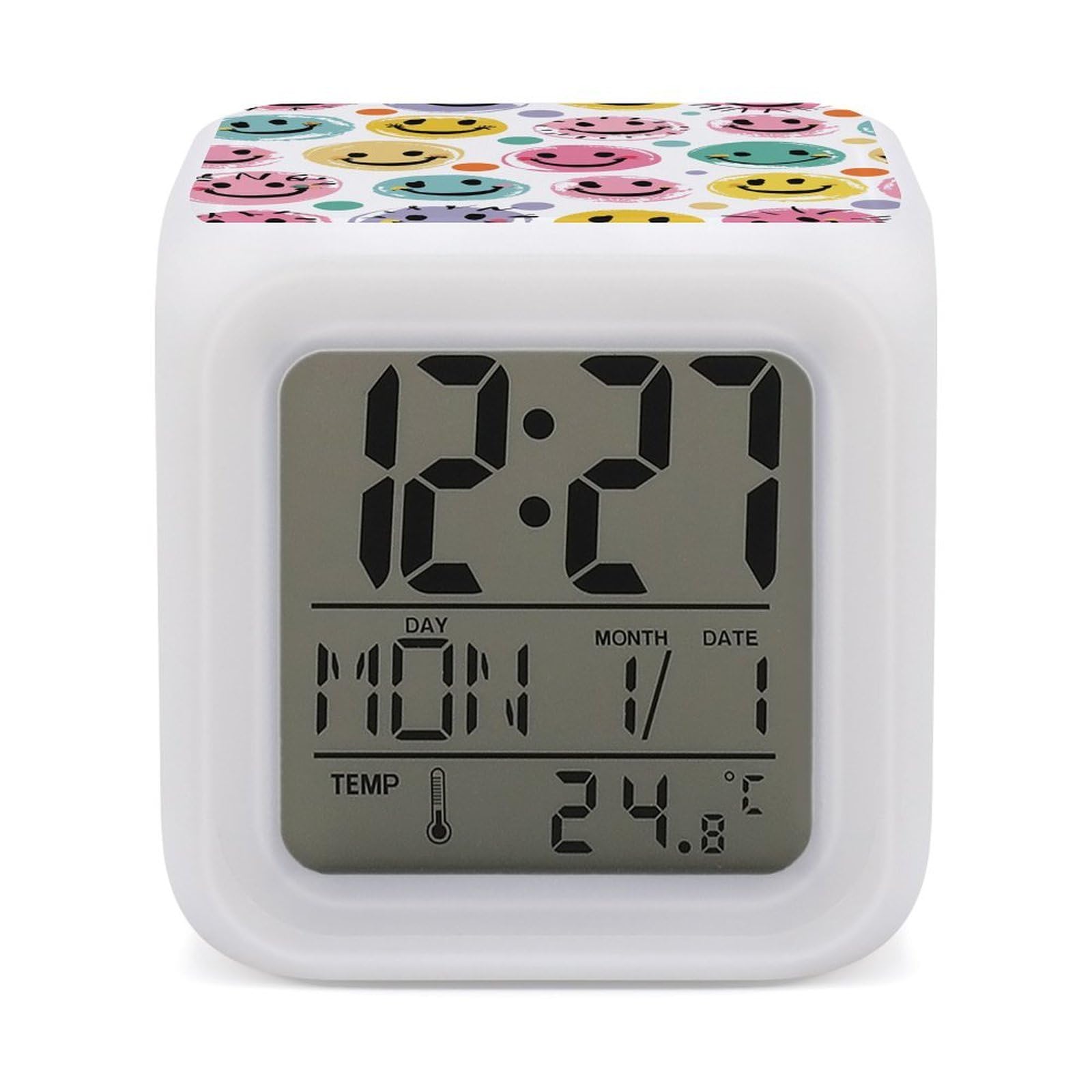 7 Color Ambient Night Light Cube Battery Operated Pastel Color Smiley Face Digital Clock with Snooze Temperature LED Digital Alarm Clocks Dimmable Wake Up Light Portable Mood Lamp for Bedroom Desk Gif