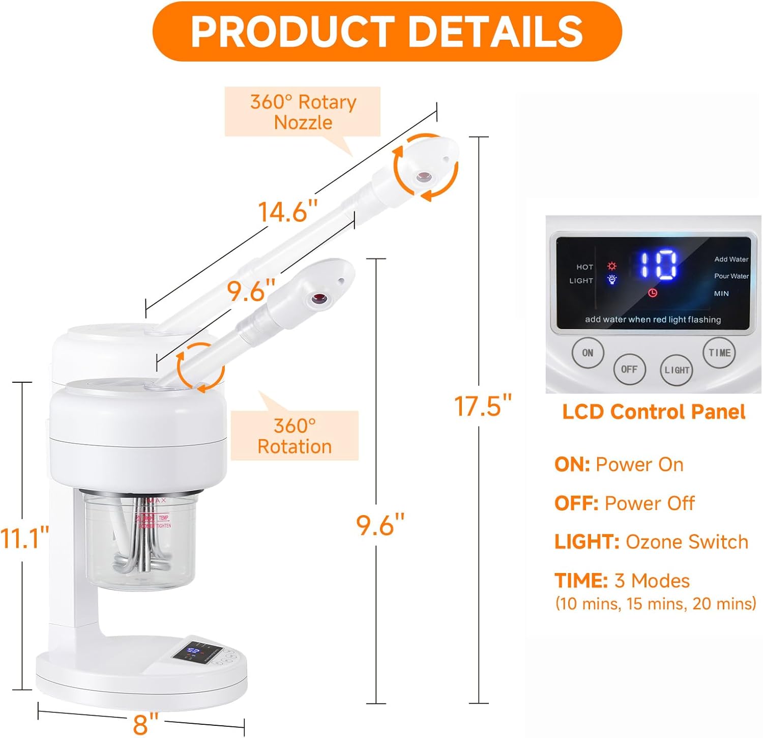 Nano Ionic Facial Steamer, Portable Face Steamer with LCD Screen, Extendable 360° Rotating Arm, Rotatable Nozzle, Hot Mist Function for Personal Care at Home or Salon - Image 2