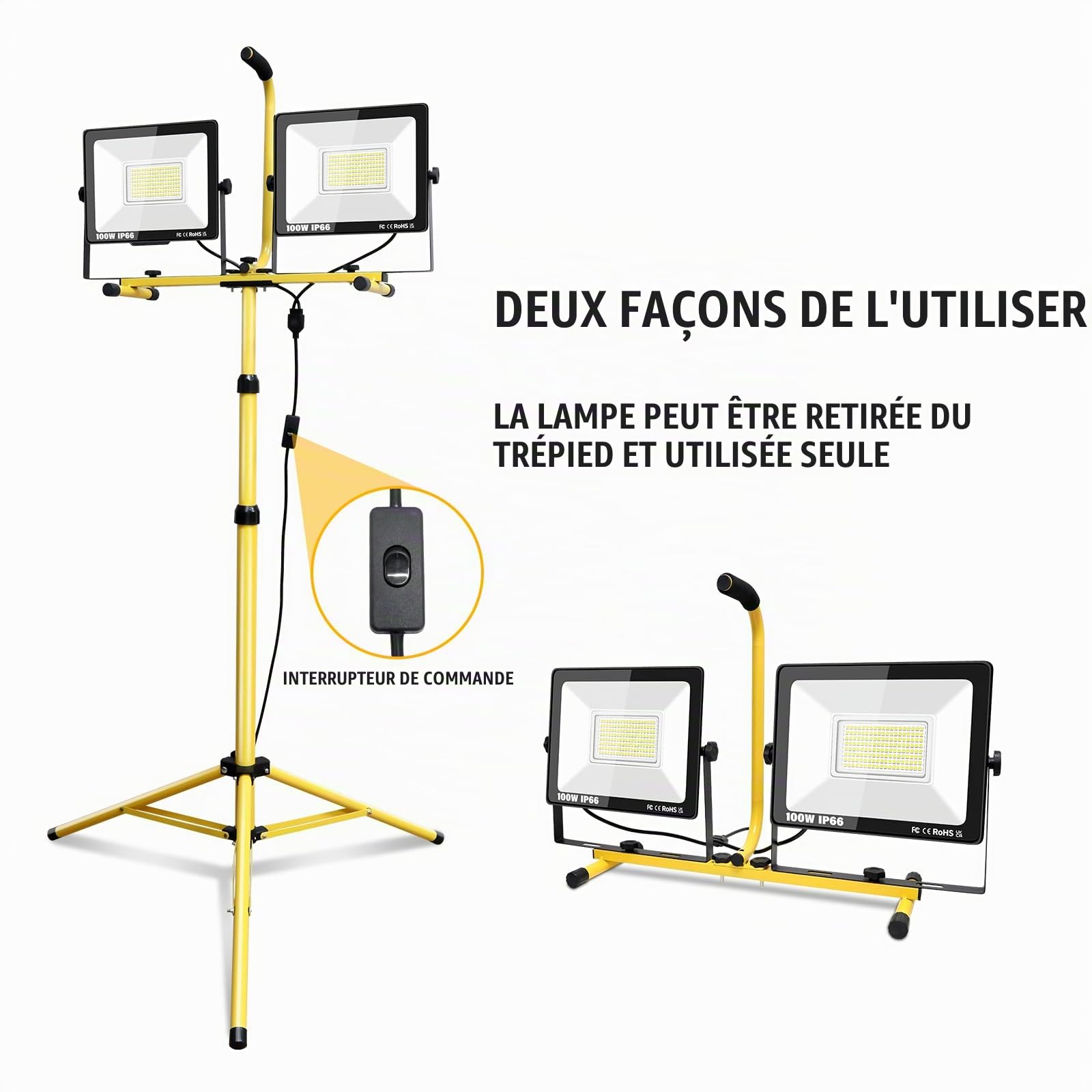 PICAA 2 Lampes 200W 20000LM Projecteur LED chantier avec trépied | Lampe de Travail,Étanche,175-265V,portable/flexible,pour extérieur/intérieur,Atelier, Garage,Construction,Sous-Sol,Câble 5M