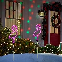 Vista 2 de Juego de 2 luces solares de flamenco para jardín, para exteriores, para césped, patio, pasarela, iluminación rosa neón (29.5 pulgadas de altura)