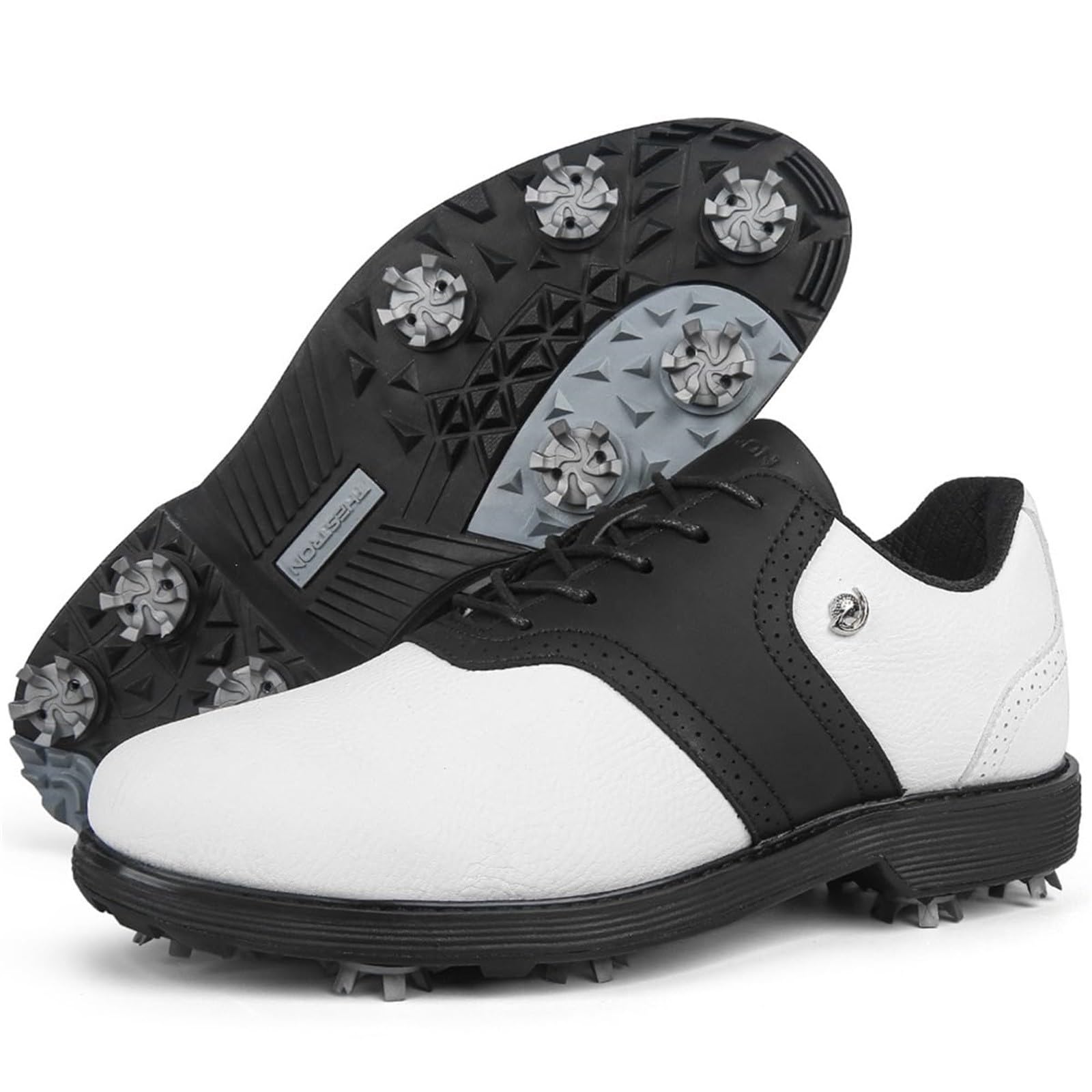Męskie buty golfowe, klasyczne, czarno-białe, w stylu siodłowym, wodoodporne, sportowe trampki z kolczastą podeszwą, do użytku na zewnątrz, BEŻOWY, 39.5 EU