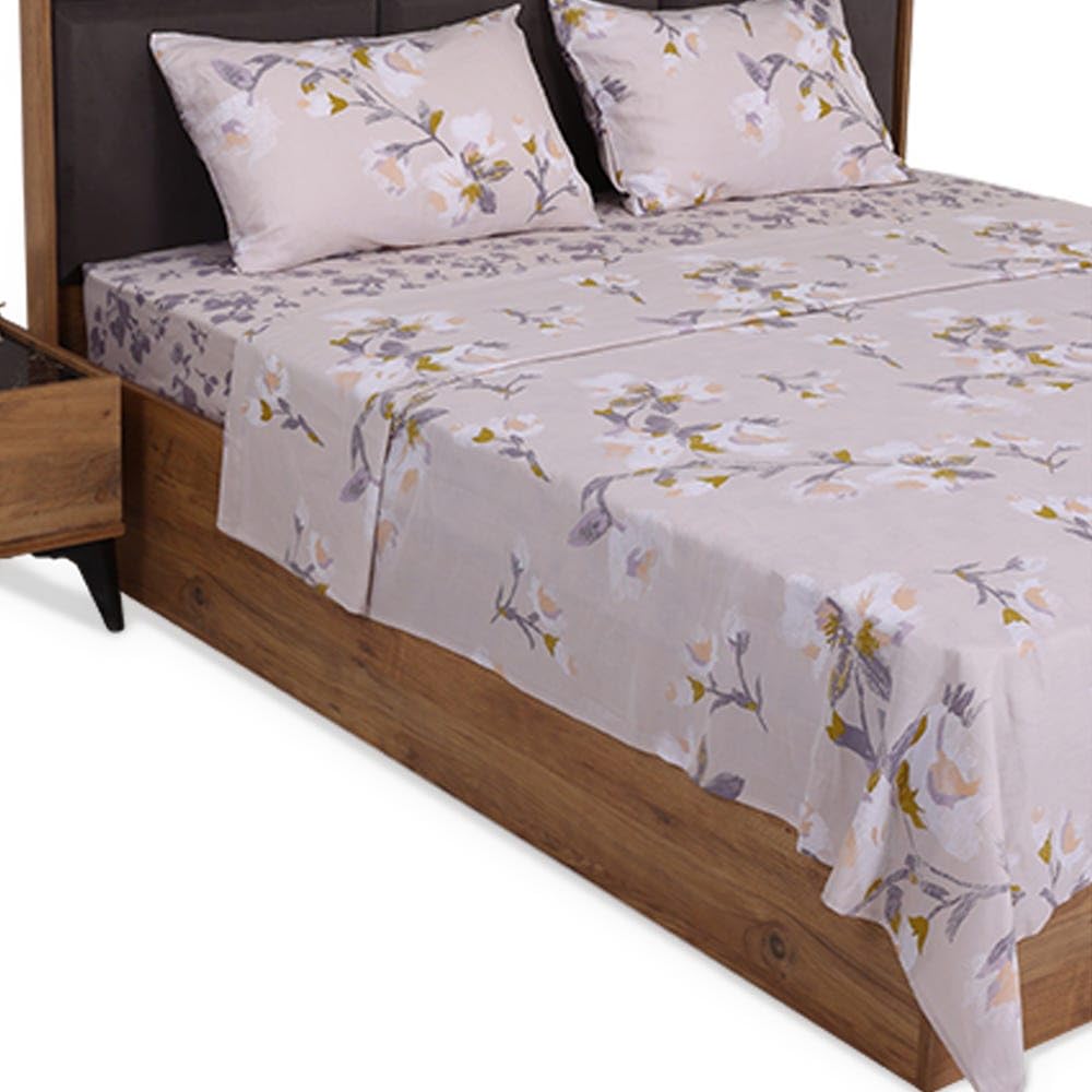 Homes r us Renata Flat Sheet Set, Peach & Grey – 200TC, 180x240 Cms