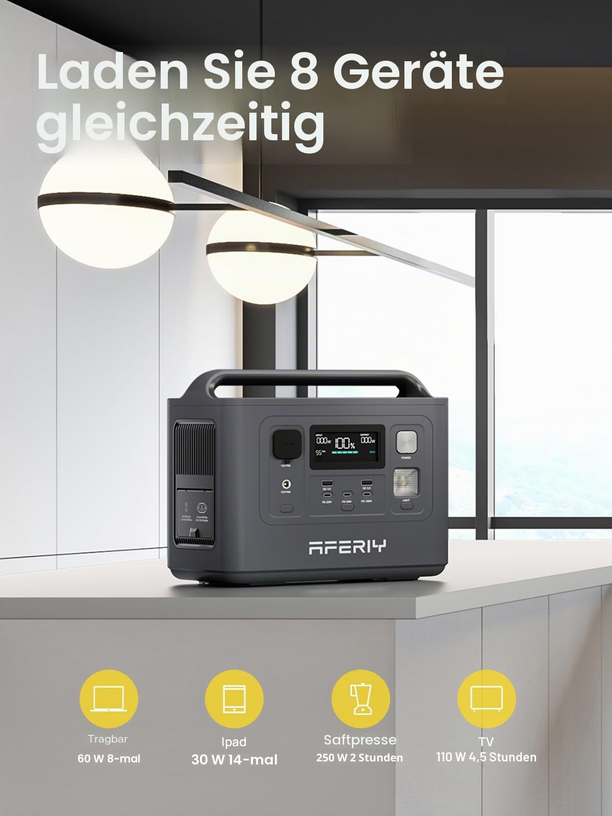 AFERIY Elektrischer Generator, tragbar, 800 W, 512 Wh LiFePO4 Backup-Batterie, Schnellladung in 1H, EU-Stecker 220 – 240 V, UPS, Solar-Generator für Camping/Haus/Büro, 7 Jahre Garantie