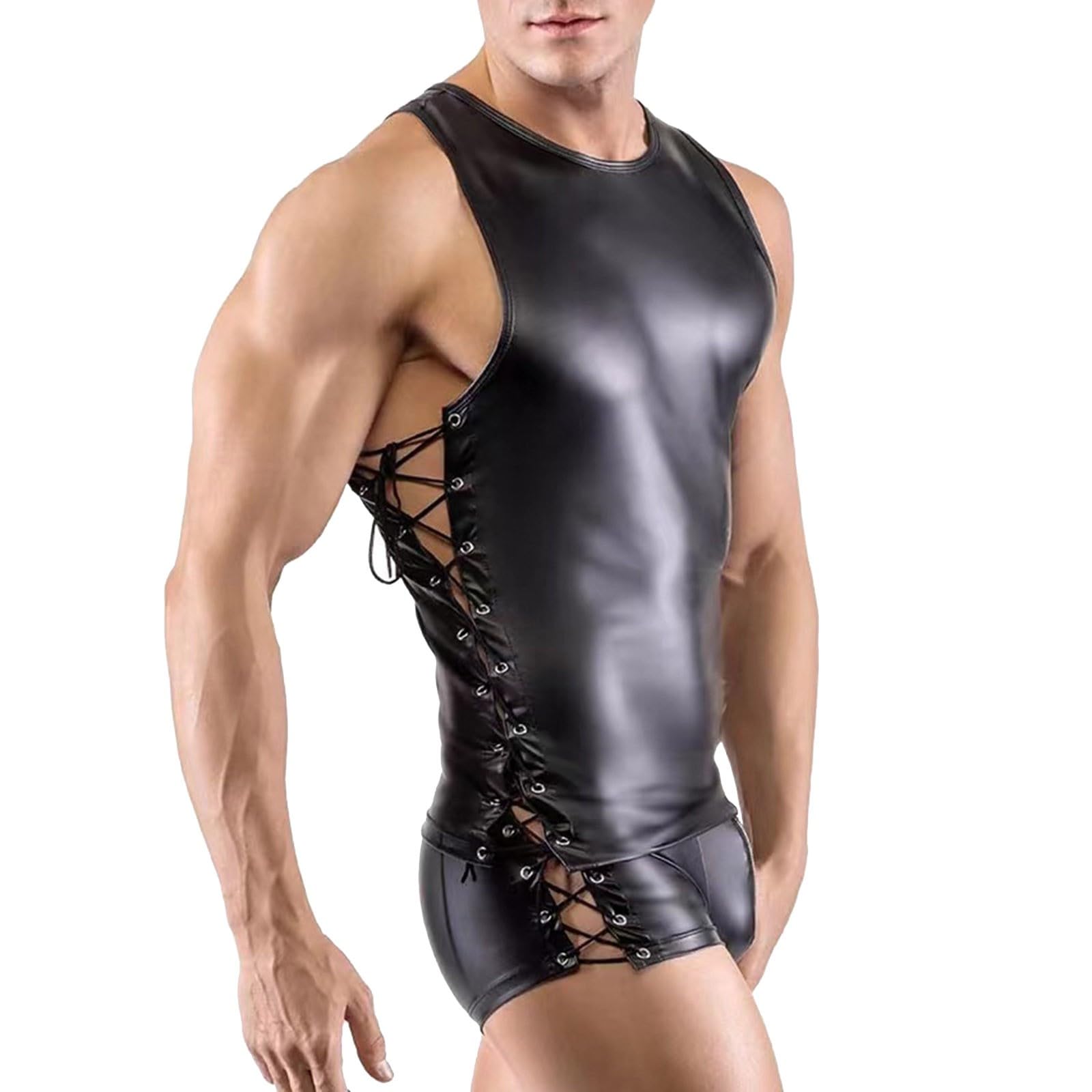 Latex Chemises de fitness en cuir verni pour homme - Manches courtes - Lingerie effet mouillé - Maillot de corps en maille - Clubwear Swinger-Club Kinkywear Techno - Tenue pour homme