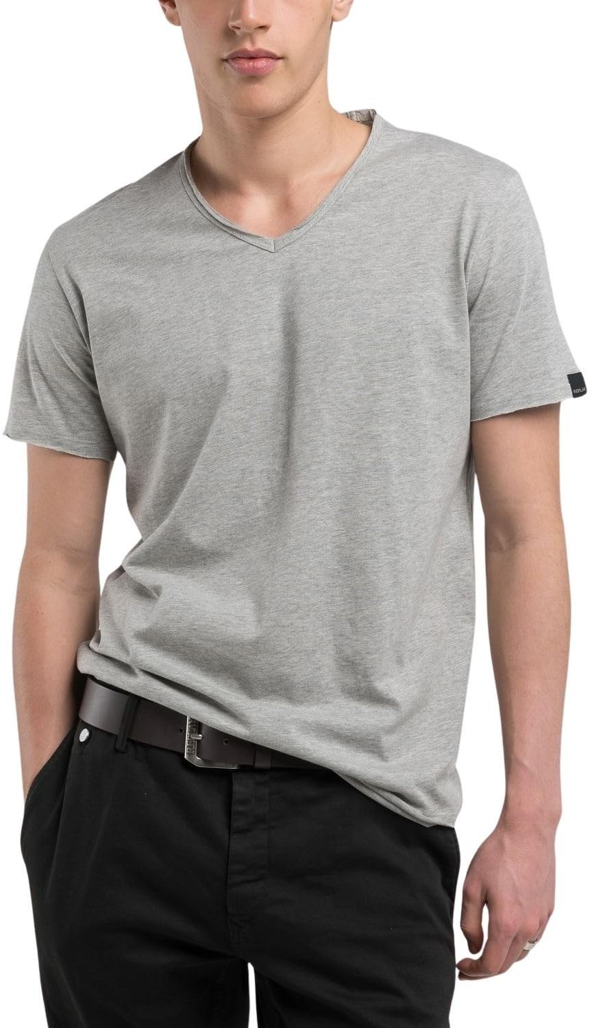 Replay Men's Short Sleeve V-Neck T-Shirt, M08 Light Grey Melange, S