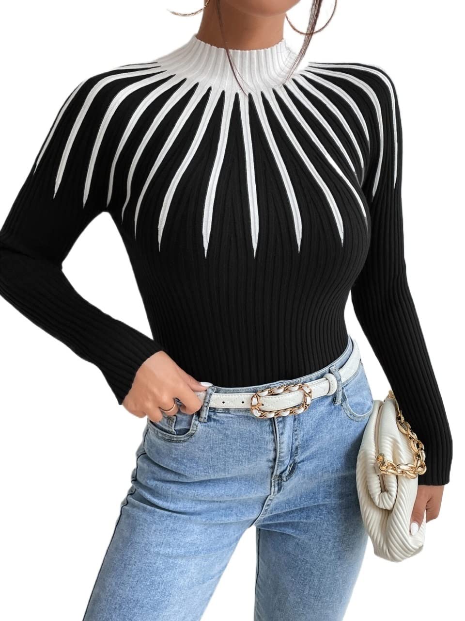TIORU Womens Sweater Colorblock Mock Neck Sweater Sweater for Women Color Black Size Medium