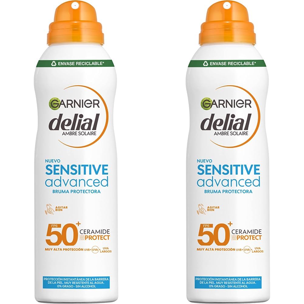 Garnier Delial Sensitive Advanced - Bruma Seca Protector Solar para Pieles Claras, Sensibles e Intolerantes al Sol IP50+ - 150 ml (Paquete de 2)