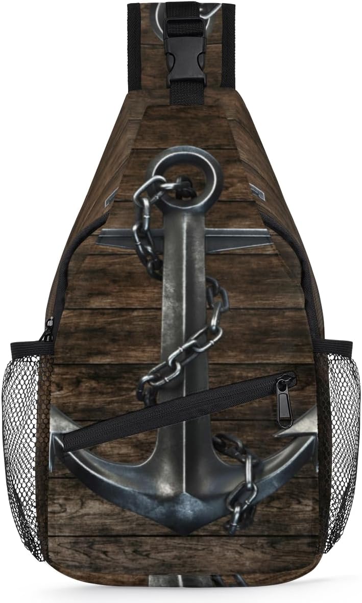 Black Iron Anchor Hardwood Sling Bag for Women Men Crossbody Sling Backpack Shoulder Bag Chest Bag Daypack for Travel Hiking Outdoor