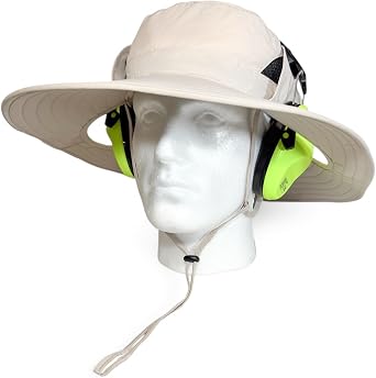 SPF 50+ Bucket Hat Compatible with Ear Protection Headphones Sun Protection Hat for Lawn Mowing, Construction, Yard Work