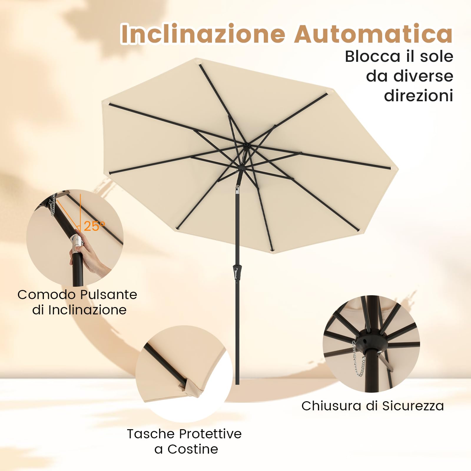 COSTWAY Ombrellone da Giardino 290 cm con Inclinazione Regolabile, 8 Stecche Manovella per Spiaggia Piscina Cortile Beige