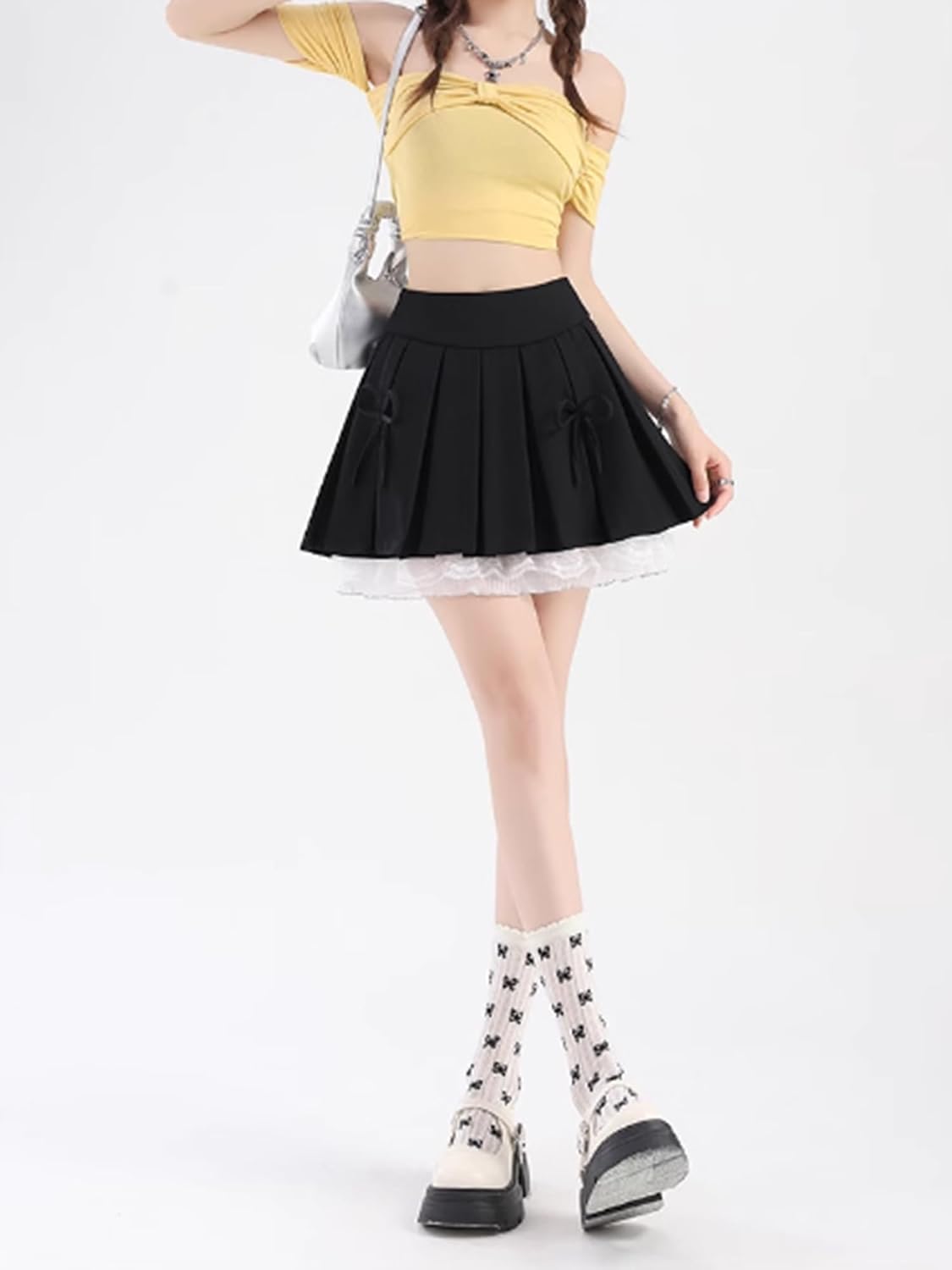 Womens High Waist Pleated Mini Skirt Bows Lace Trim School Uniform Skorts A-Line Skater Tennis Skirts with Shorts