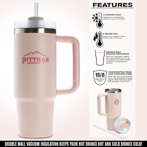 Miniatura 2 de Pittman Outdoors Vaso de hidratación de 40 onzas con mango suave y cómodo, color rosa, taza de viaje para café y bebida