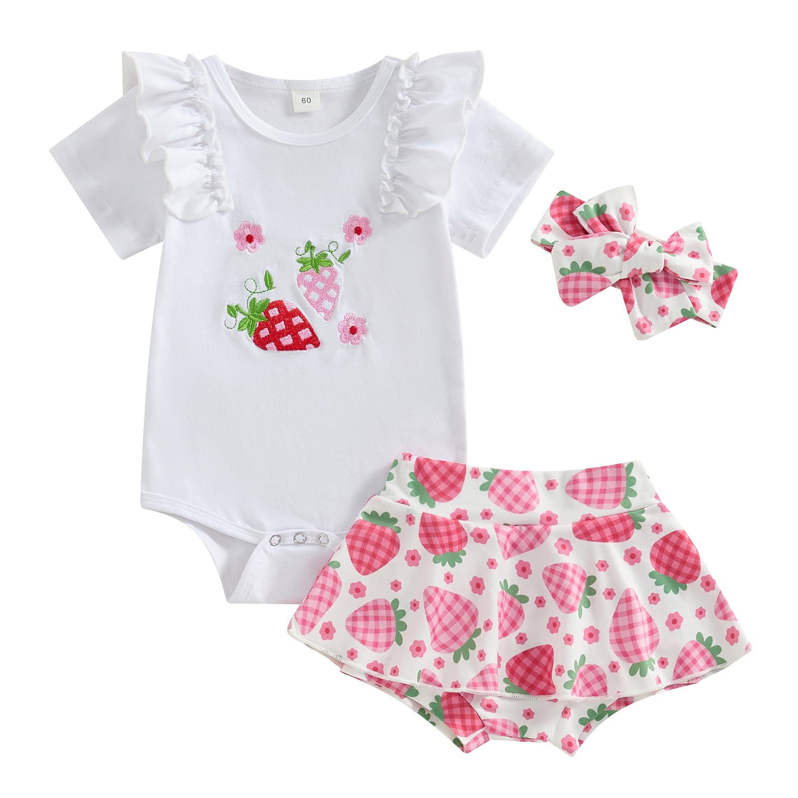 Ynibbim 0-24 Months Infant Baby Girls Summer Clothes Newborn Shorts Set Letters Print Tops & Peach Print Shorts 3Pcs Outfits (L - Strawberry White, 0-3 Months)