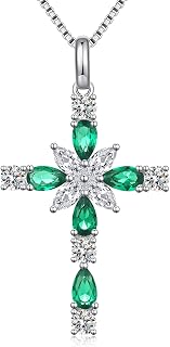 JiaYang Sterling Silver Cross Necklace for Women, 12 Birth Stone Colour Cubic Zirconia Double Cross Pendant Faith Jesus Christian Jewellery May - Emerald