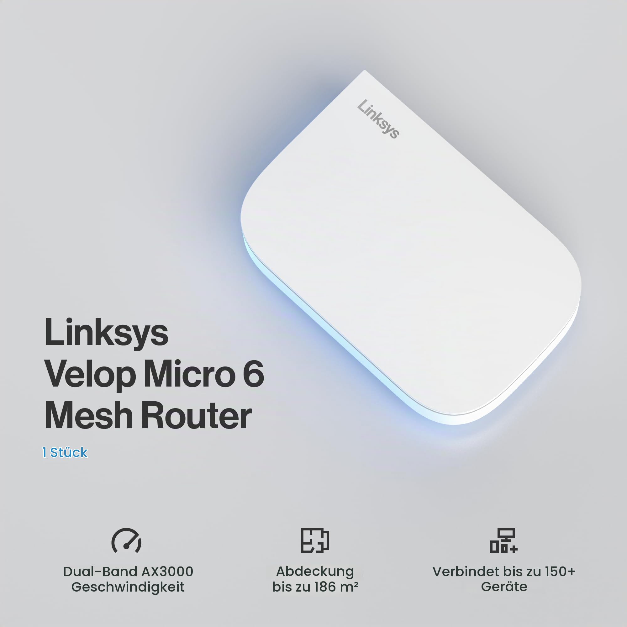 Linksys Velop Micro 6 Dual-Band Mesh WiFi 6-Router – Wireless Router mit bis zu 3 Gbit/s für 186 m² und 150+ Geräte – ersetzt Internet-Router & Extender, 1er-Pack