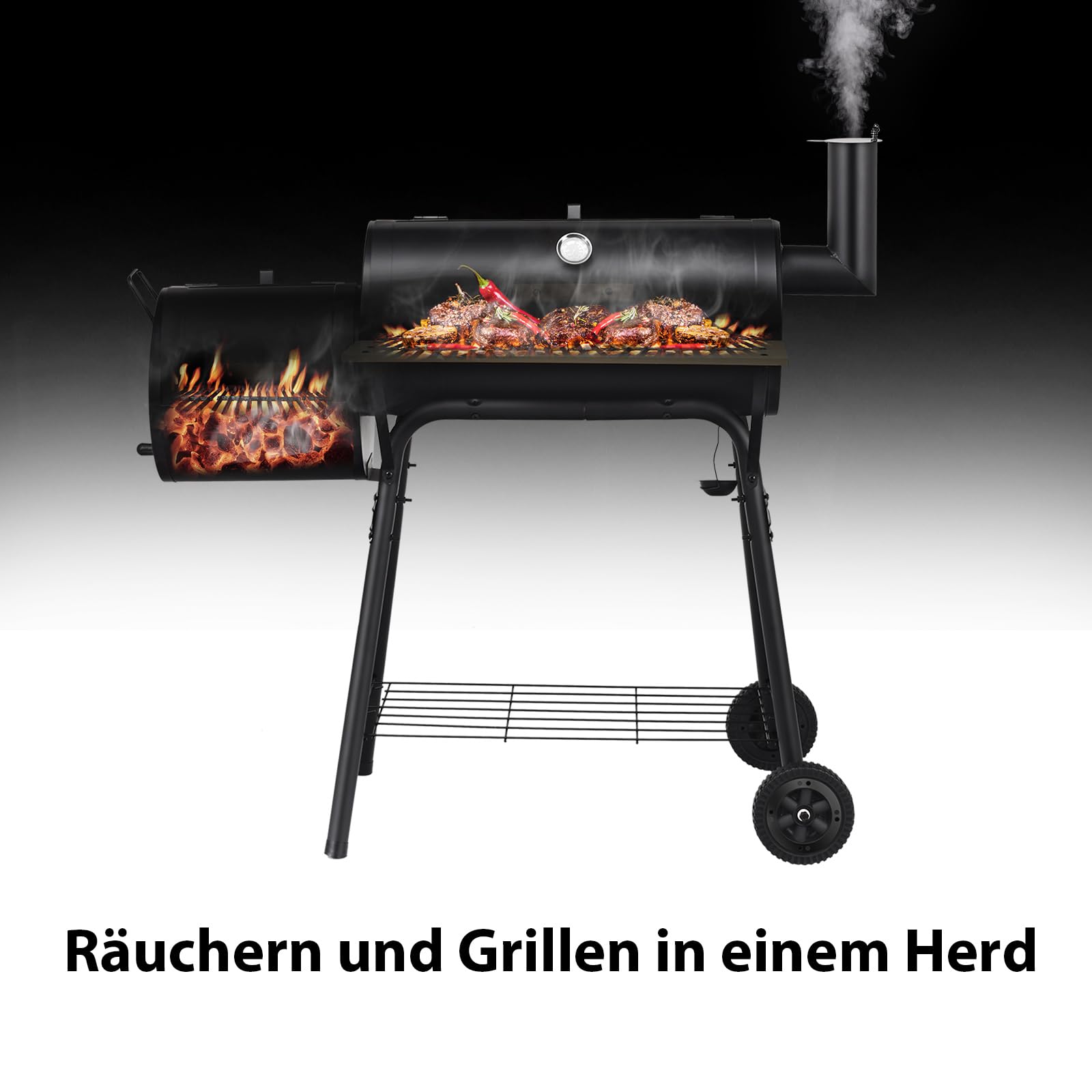 COSTWAY Grill na węgiel drzewny z pokrywką, wędzenie 2 w 1, grill na kółkach z kółkami, boczne palenisko, stół boczny, regał, uchwyty drewniane, termometr, grill na węgiel drzewny, na kemping, taras