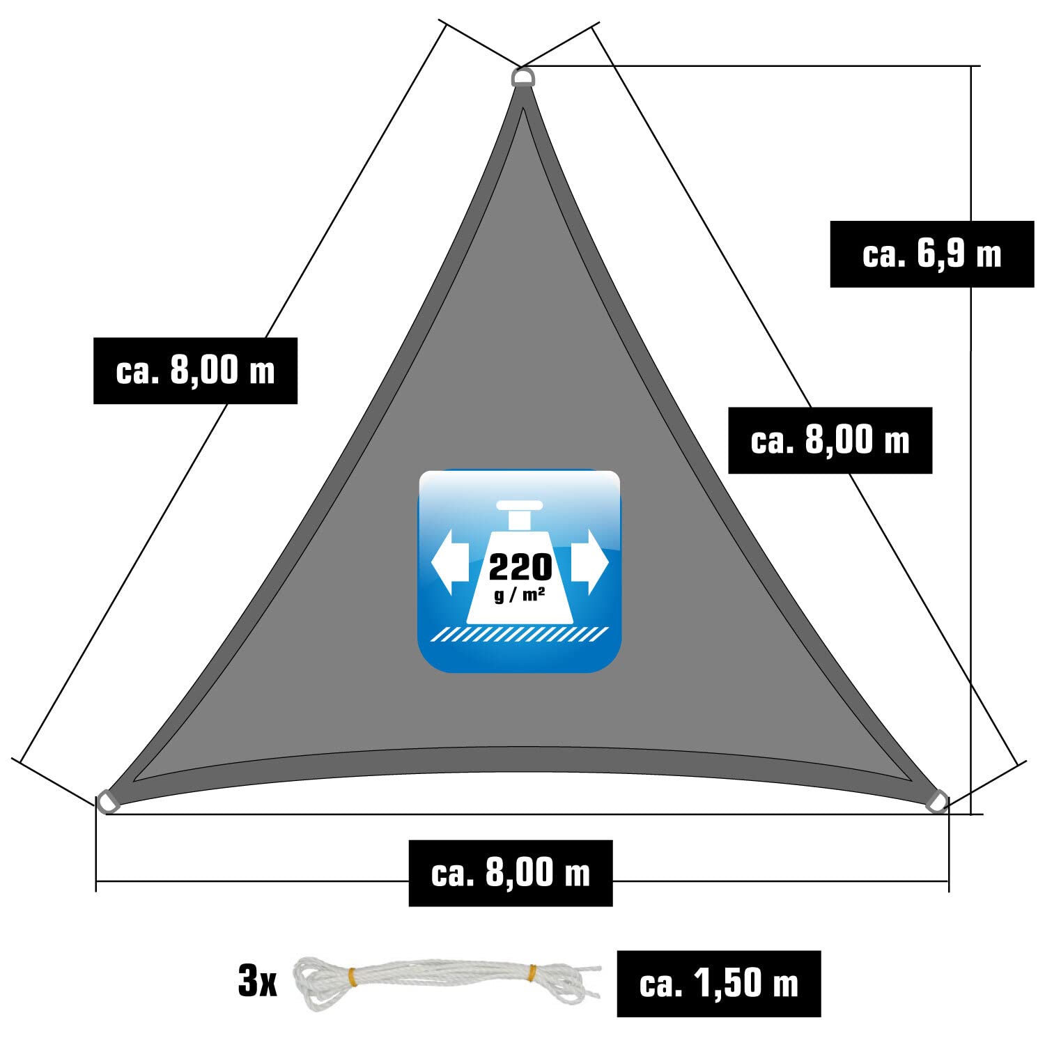 AMANKA Toldo Vela Triangular 8x8x8 m - 90% Protección UV - Toldo Permeable para Exterior - Tela Toldo Sombra - Toldo para Pergola - Tela Solar Exterior Lona Camping Sombra Toldos de Piscinas Toldo 8m