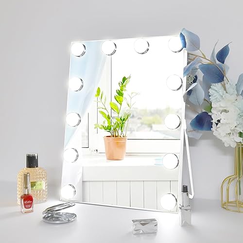 Beahomey Espejo de tocador con luces, espejo de maquillaje iluminado Hollywood con 3 modos de color y 12 bombillas LED de diamante regulables,