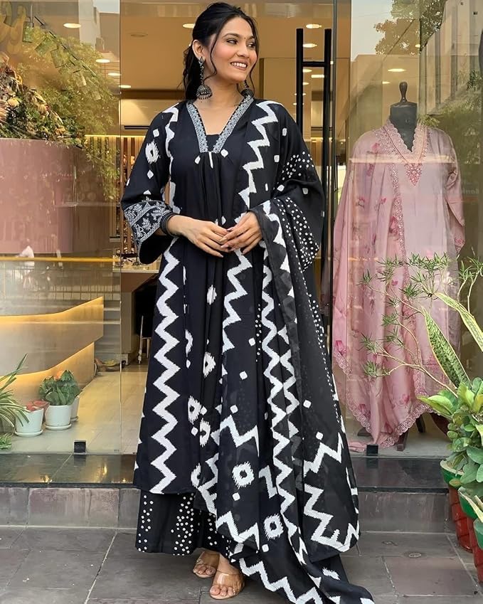 Image of Rangnavi Women's Cotton Anarkali Printed V-Neck Kurta with Palazzo & Dupatta | Ethnic Set | Dupatta Set | Suit Set |Kurta Set |