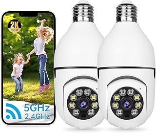 2K Light Bulb Security Cameras Wireless Outdoor 2pc- 2.4/5G Hz WiFi 360° Motion Detection Cameras for Home Security Outside Indoor, Full-Color Night Vision, Auto Tracking, Siren Alarm