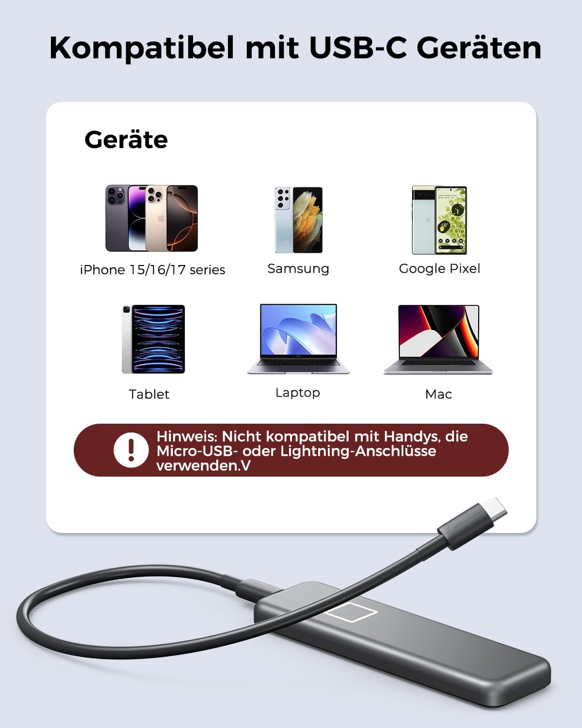 NEWQ 512 GB Externe SSD mit Fingerabdruck – Sichere Backups & Verschlüsselung per App für USB-C iPhone 17/16/15, Android, iPad, Mac/Windows (Nicht kompatibel mit iPhone/iPad mit Lightning-Anschluss)