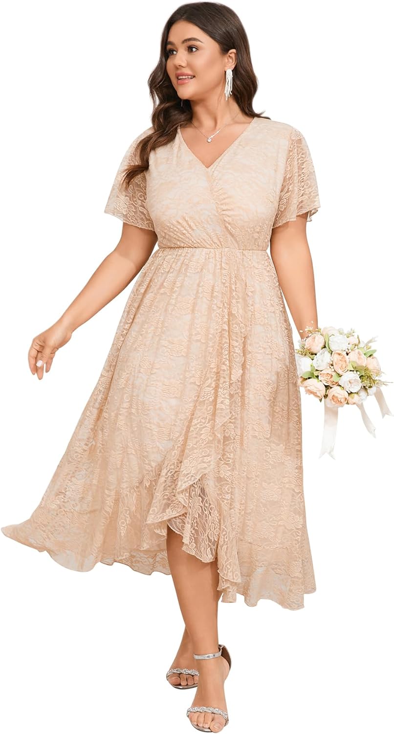 SCOMCHIC Womens Plus Size Wedding Guest Dress Formal Lace Wrap V Neck High Low Short Sleeve Cocktail Maxi Dresses XL-4XL
