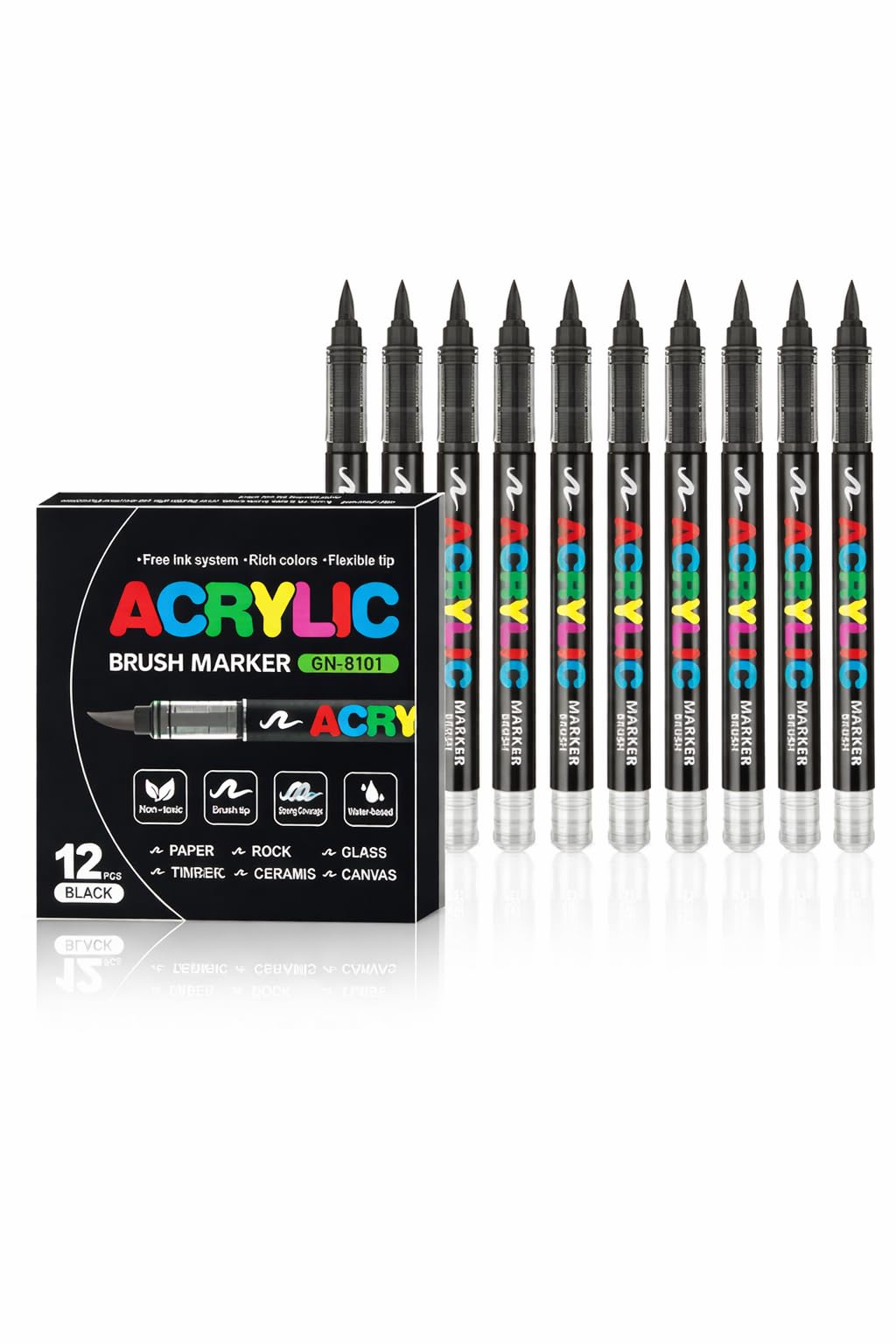 SYACOLOR 12 Black Acrylic Markers, Flexible and Precise Fine Tip, Opac Ink Layerable, Colouring Book, Glass, Ceramic, Rock, Wood, Stone, Fabric Painting (12)