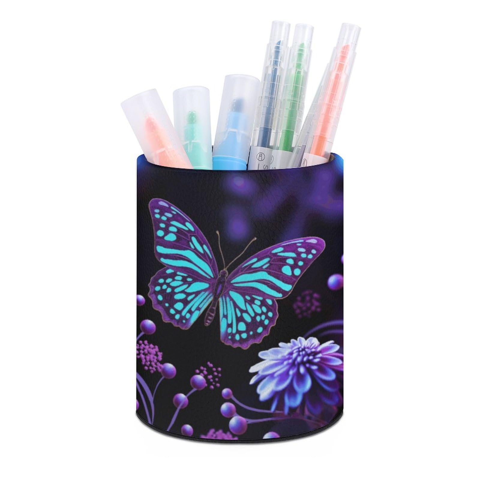 JTREHY - Purple Butterfly Flower Round Pen Holder and Storage Box for Home, Office, Dresser