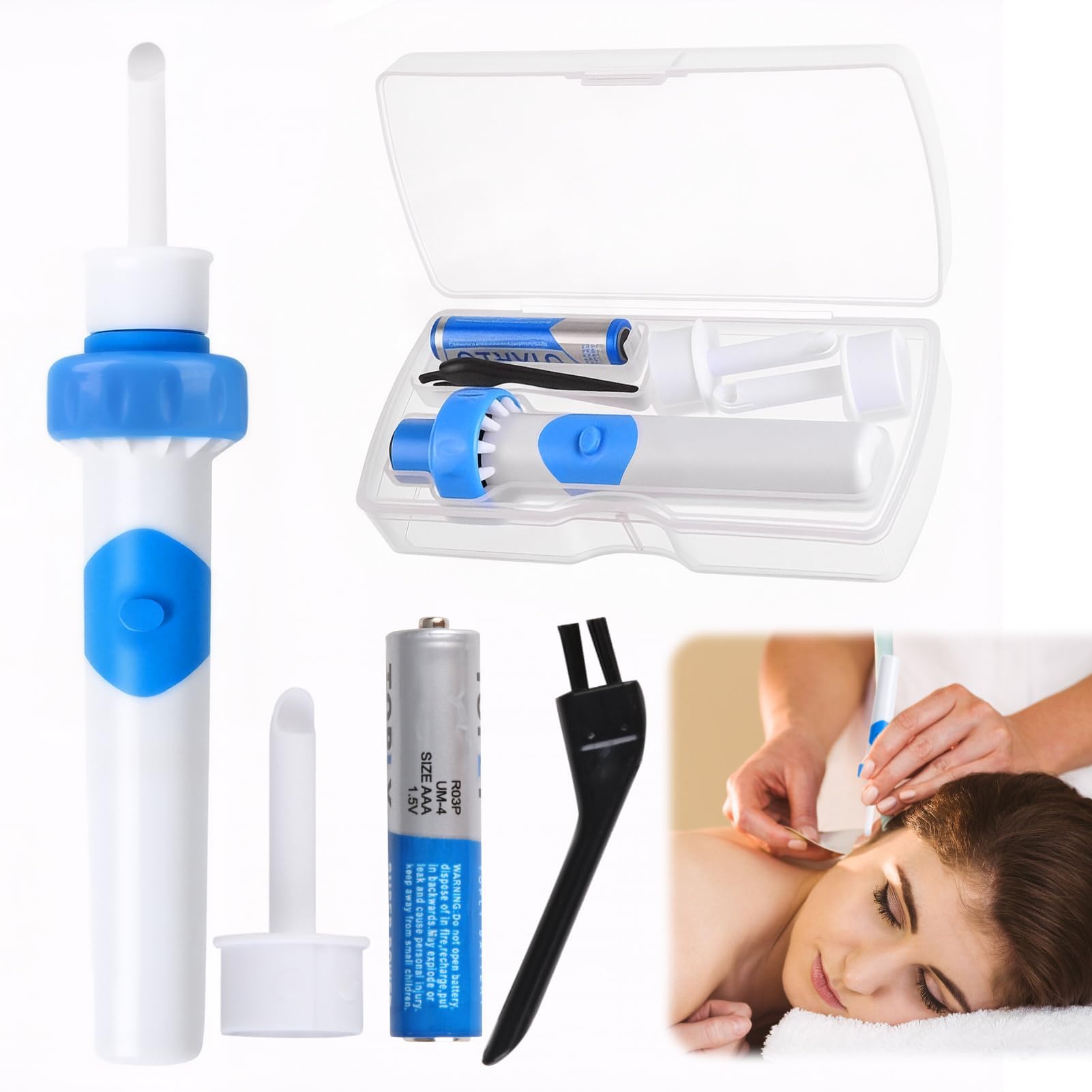 Yuio Aspirateur Oreille Cerumen, Nettoyant Oreille Avec 2 Têtes de Rechange Lavables et Batterie, Électrique Nettoyeur Oreilles Adulte, Appareil De Nettoyage Des Oreilles Pour Bebe Enfants Adulte