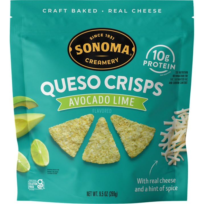 Avocado Lime Queso Crisps, 9.5 oz – Zesty Lime Flavor – Crunchy Baked Cheese Snacks – Keto Friendly & Low Carb – Gluten Free & High Protein – Made with Real Cheese & Avocado