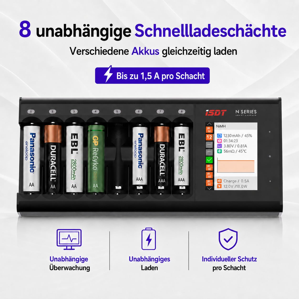 ISDT - Cargador de batería N8 AA/AAA de 8 compartimentos con pantalla a color de 2,4"