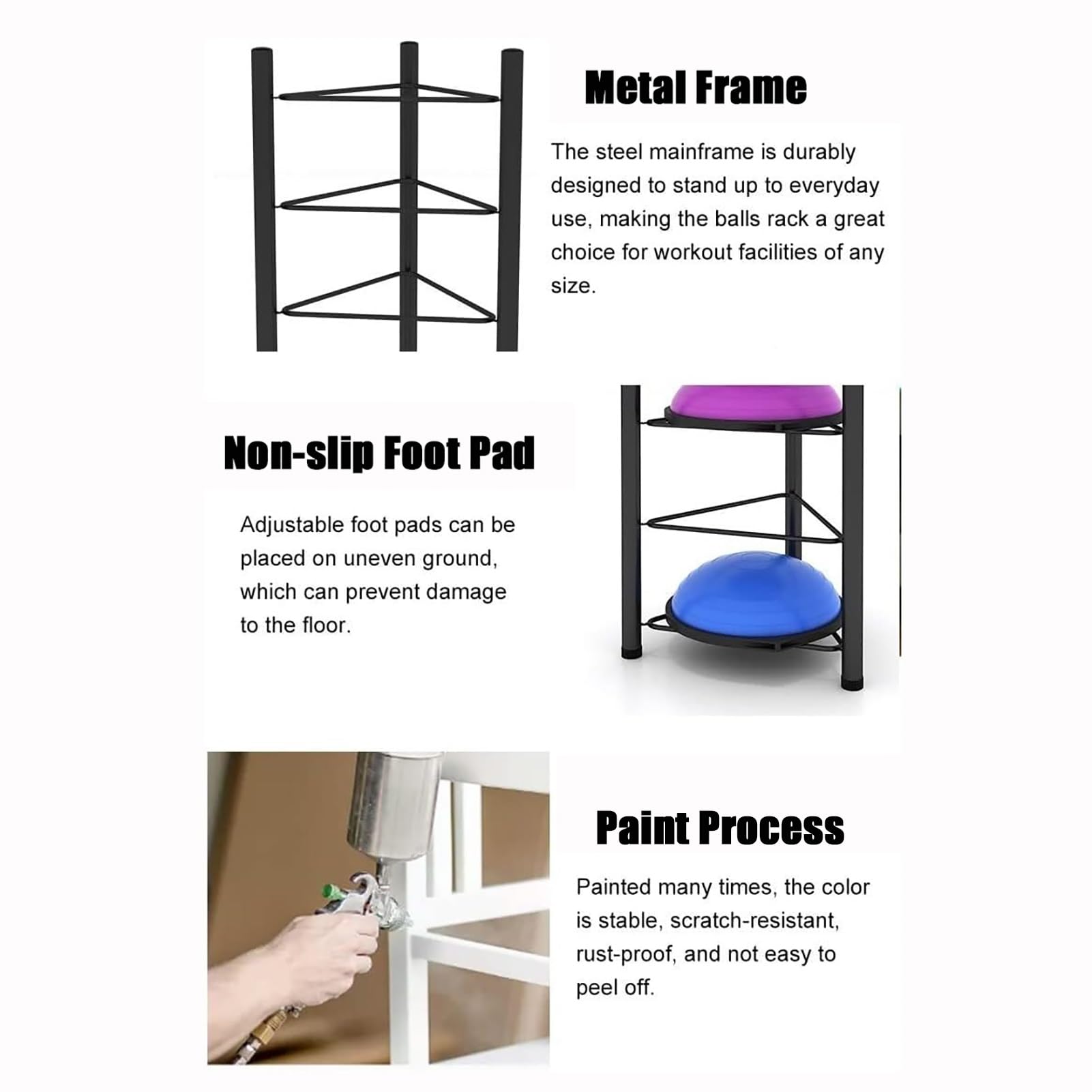 Scaffale a 3 ripiani per palla di equilibrio, resistente, per yoga, bosu, basket, bowling, elegante finitura dorata per attrezzature da allenamento