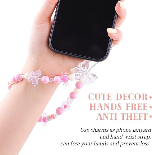 Miniatura 4 de 4 dijes estéticos para teléfono, correa de muñeca Y2K para teléfono celular, arco de oso, mariposa, flor, corazón, estrella, accesorios de cadena de