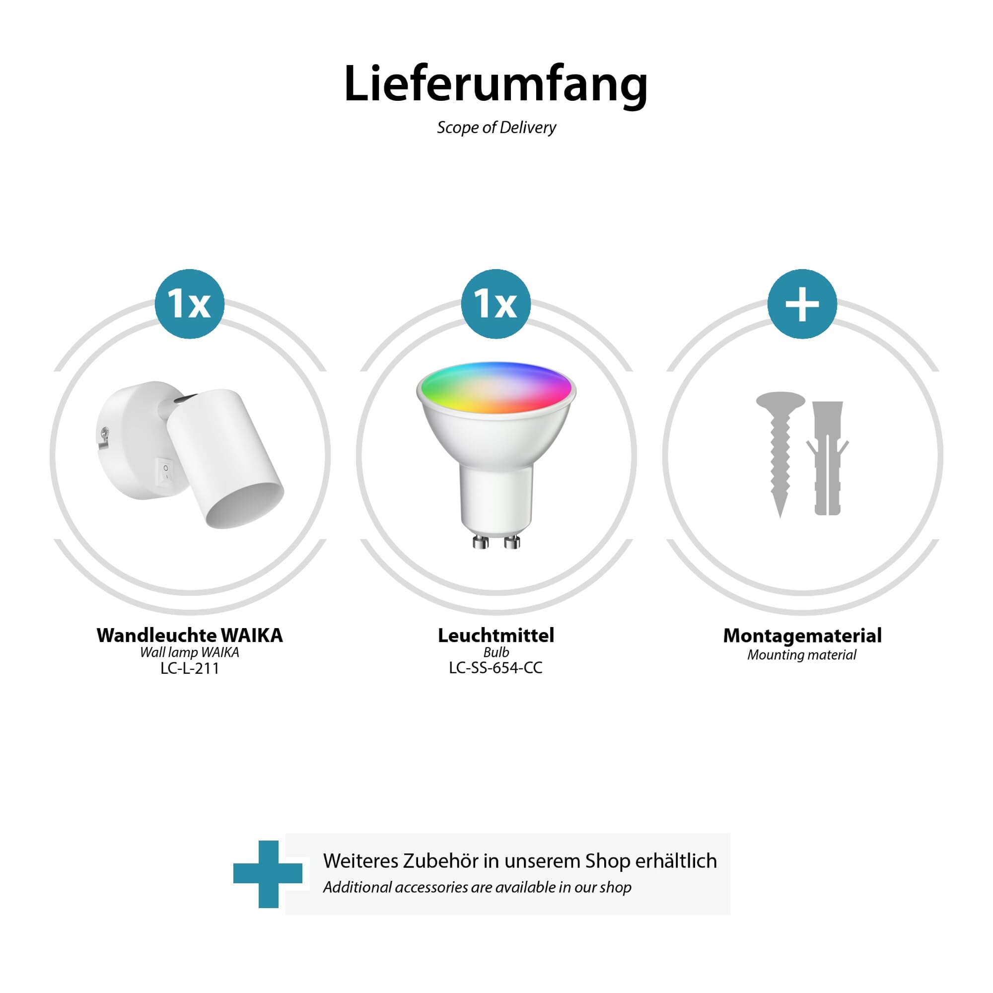 ledscom.de 2 spoty ścienne WAIKA, jednopłomienne, z przełącznikiem, GU10, biały mat, w zestawie z lampą LED Smart Home RGBW GU10, 5.41W, 473lm