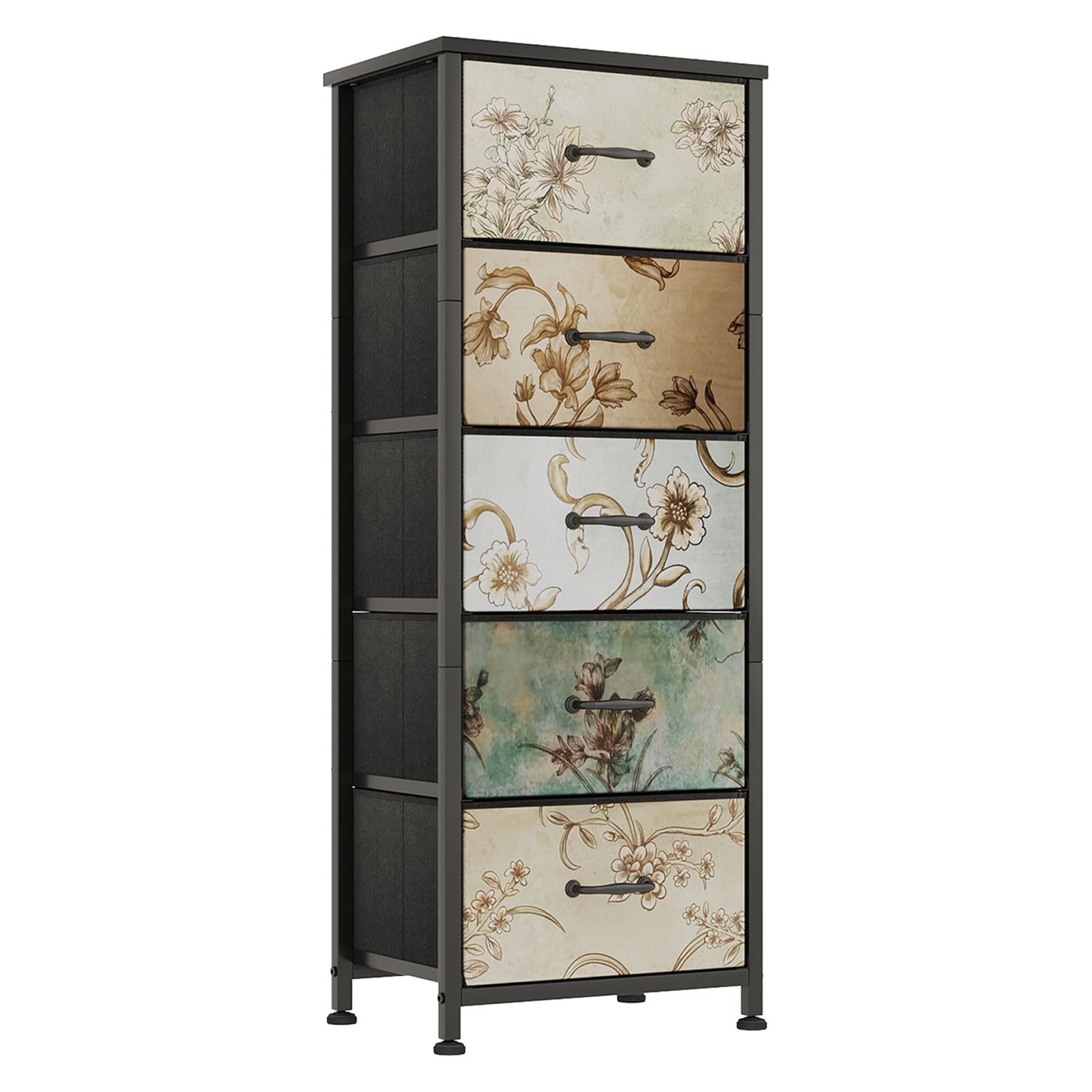 Mexin Vertical Dresser for Bedroom, Tall Fabric Dresser with 5 Fabric Drawers, Metal Frame, Wide Storage Chest of Drawers for Living Room