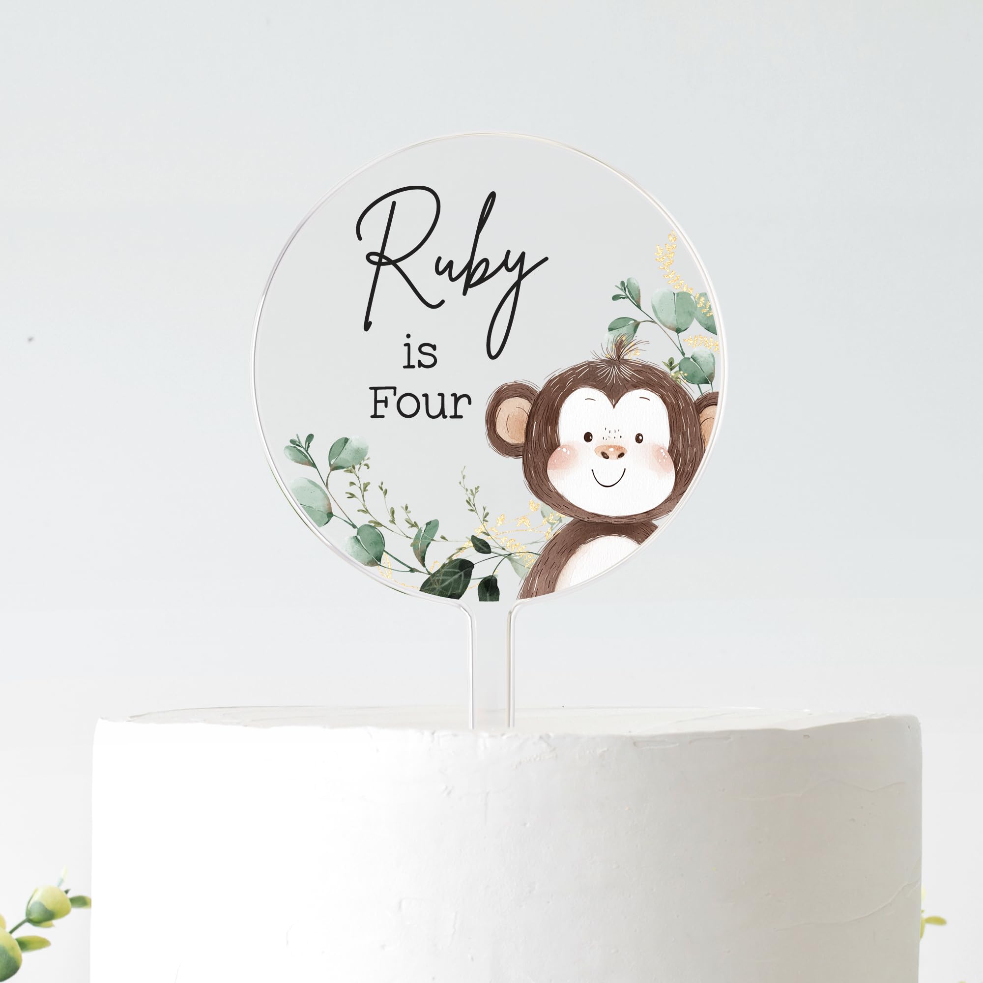 Personalised Monkey Birthday Cake Topper | Custom Name & Age | Jungle Safari Cake Decoration | Frosted Acrylic | 10cm or 12cm (BLACK TEXT, 12CM)