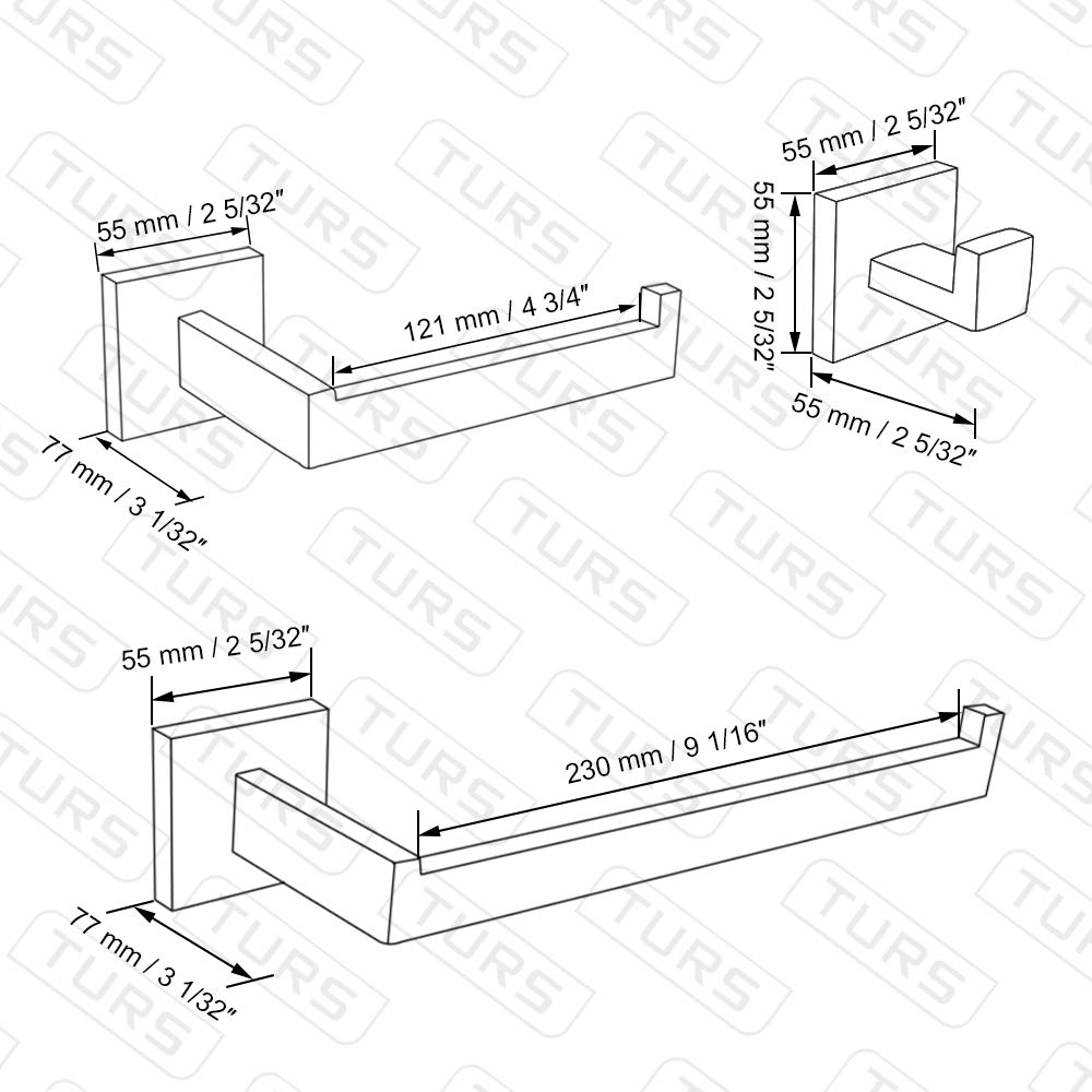 TURS 4 Piezas Baño Accesorio Conjunto de Acero Inoxidable Papel Higiénico Soporte de Papel Higiénico Barra de Toalla/Soporte Robe Gancho Montaje en Pared, Acabado Pulido, Q7X4-P