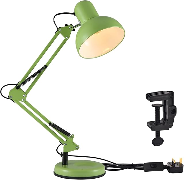 TEKLED® LED Desk Lamp | Adjustable Swing Arm | Replaceable E27 Edison Screw Bulb Holder | Flexible Table Clamp | for Bedside Reading Office Work Architects Students (Swing Arm Green)